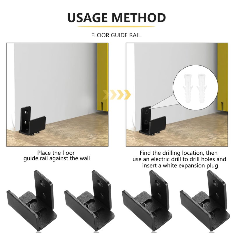 Xingwenhao Sliding Barn Door Bottom Floor Guide, 4 Pcs U Shape Sliding Barn Door Hardware, Black Adjustable Floor Guide Wall Mount & Flush Flat Bottom Design for Door Cabinet, Up to 1-7/16"" W 1-7/8"" H - Image 3